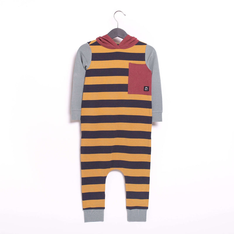 Long Sleeve Hooded Big Pocket Rag Romper - 'Thick Stripes' - India Ink & Mustard Gold