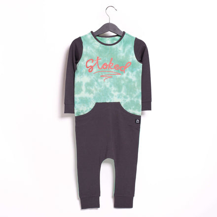 Long Sleeve Faux Pocket Rag Romper - 'Stoked' - Aqua Foam & Bottle Green Tie Dye