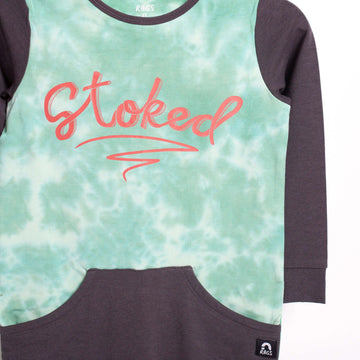 Long Sleeve Faux Pocket Rag Romper - 'Stoked' - Aqua Foam & Bottle Green Tie Dye