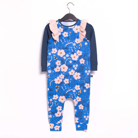 Long Sleeve Ruffle Rag Romper - 'Regatta Floral (Minor Defect)' - Ensign Blue