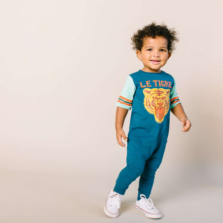 Retro Short Sleeve Rag Romper - 'Le Tigre' - Corsair Blue