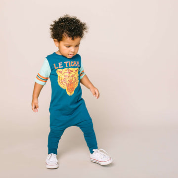 Retro Short Sleeve Rag Romper - 'Le Tigre' - Corsair Blue