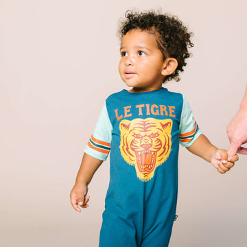 Retro Short Sleeve Rag Romper - 'Le Tigre' - Corsair Blue