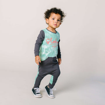 Long Sleeve Faux Pocket Rag Romper - 'Stoked' - Aqua Foam & Bottle Green Tie Dye