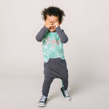 Long Sleeve Faux Pocket Rag Romper - 'Stoked' - Aqua Foam & Bottle Green Tie Dye