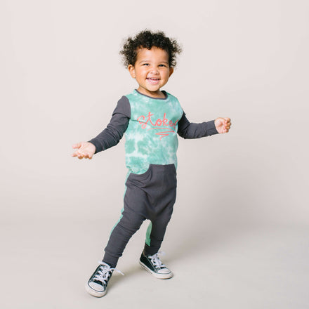 Long Sleeve Faux Pocket Rag Romper - 'Stoked' - Aqua Foam & Bottle Green Tie Dye
