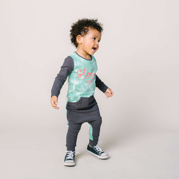 Long Sleeve Faux Pocket Rag Romper - 'Stoked' - Aqua Foam & Bottle Green Tie Dye