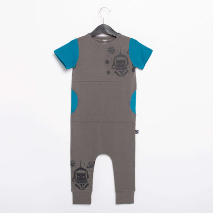 Short Sleeve Peek Pocket Rag Romper - 'Catstronaut' - Pewter