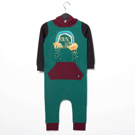 Long Sleeve Hooded Kangaroo Pocket Rag Romper - 'Rain Rain Rainbow' - Alpine Green
