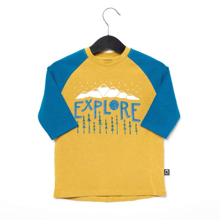 3/4 Raglan Sleeve Rounded Tee - 'Explore' - Mustard Gold