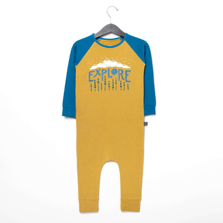 Long Raglan Sleeve Rag Romper - 'Explore' - Mustard Gold Two Tone