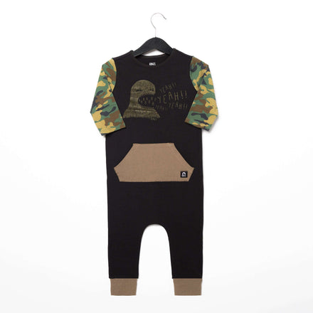 3/4 Length Sleeve Kangaroo Pocket Rag Romper - 'Yeah Yeah Monster' - Phantom and Camo