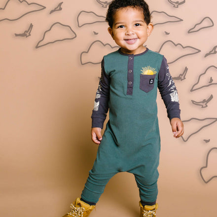 Long Sleeve Henley Pocket Rag Romper - 'Outdoors' - Silver Pine