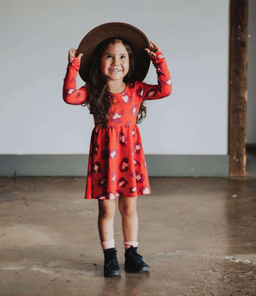 Long Sleeve Swing Dress - 'Leopard Print' - Red