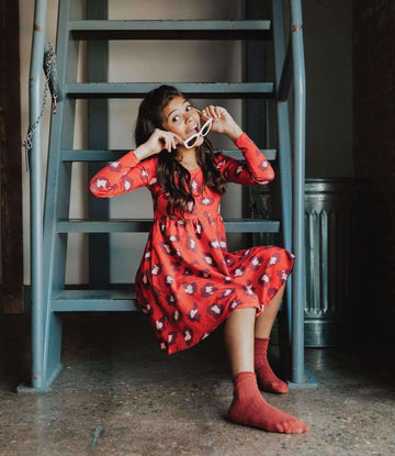 Long Sleeve Swing Dress - 'Leopard Print' - Red