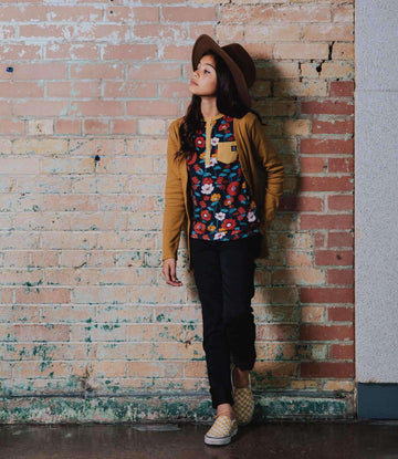 3/4 Sleeve Henley Tee - 'Fall Poppy Floral' - Dark Blue