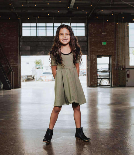 Short Sleeve Ruffle Swing Dress - 'Olivine' - Black Ruffles