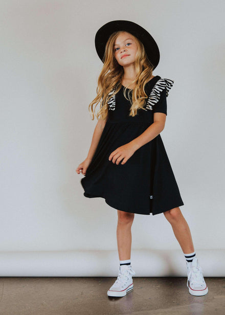 Short Sleeve Ruffle Swing Dress - 'Black' - Striped Ruffle