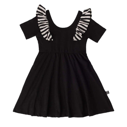 Short Sleeve Ruffle Swing Dress - 'Black' - Striped Ruffle
