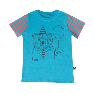 Short Sleeve Tee - 'Party Bear' - Cyan Blue
