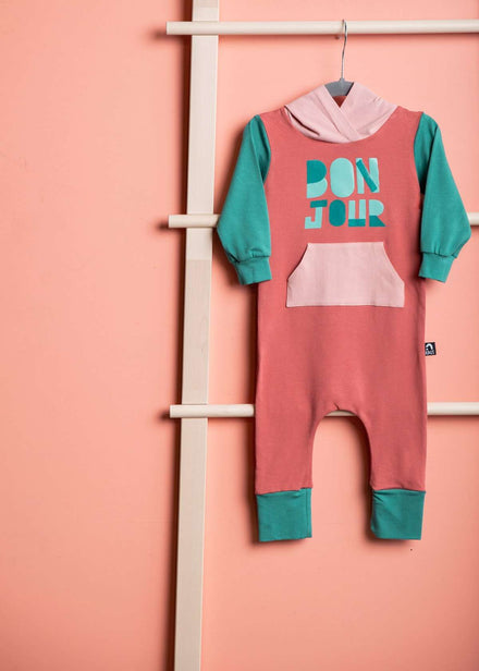 3/4 Sleeve Hooded Pocket Rag - 'Bonjour' - Dusty Cedar