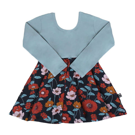 Long Sleeve Swing Dress - 'Fall Poppy Floral' - Stone Blue