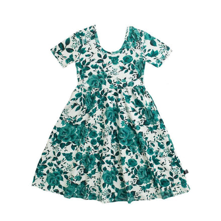Short Sleeve Swing Dress - 'Rose Floral' - Green