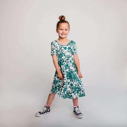 Short Sleeve Swing Dress - 'Rose Floral' - Green