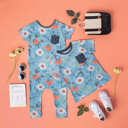 Short Sleeve Chest Pocket Tee - 'Fall Daffodil Floral' - Stone Blue