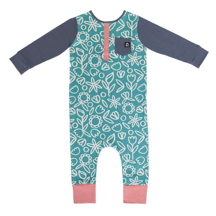 Long Sleeve Henley Rag - 'Doodle Floral' - Deep Jungle