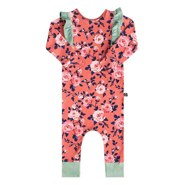 Long Sleeve Ruffle Rag - 'Small Rose Floral' - Persimmon