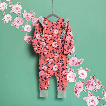 Long Sleeve Ruffle Rag - 'Small Rose Floral' - Persimmon