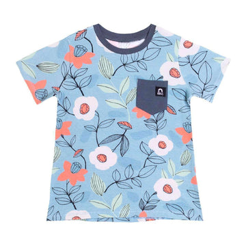 Short Sleeve Chest Pocket Tee - 'Fall Daffodil Floral' - Stone Blue