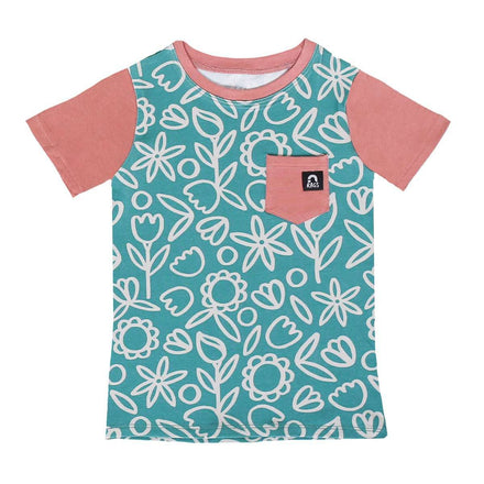 Short Sleeve Chest Pocket Tee - 'Doodle Floral' - Deep Jungle