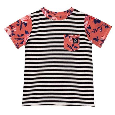 Short Sleeve Chest Pocket Tee - 'Coral Floral' - Black & White Stripe