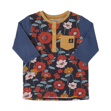 3/4 Sleeve Henley Tee - 'Fall Poppy Floral' - Dark Blue
