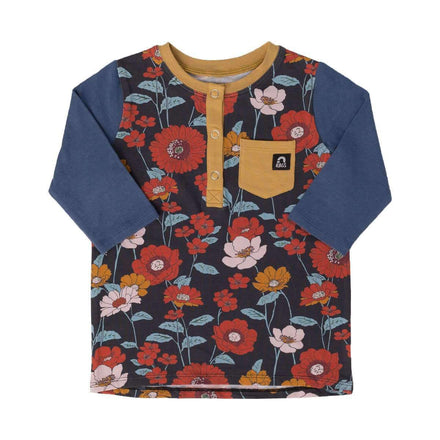 3/4 Sleeve Henley Tee - 'Fall Poppy Floral' - Dark Blue