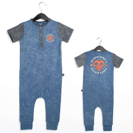 Short Sleeve Henley Rag Romper - 'Breakin Bones' - Washed Stellar
