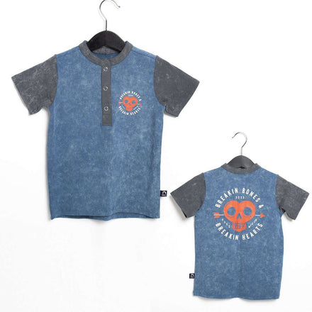 Short Sleeve Henley Rounded Kids Tee - 'Breakin Bones' - Washed Stellar