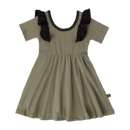 Short Sleeve Ruffle Swing Dress - 'Olivine' - Black Ruffles