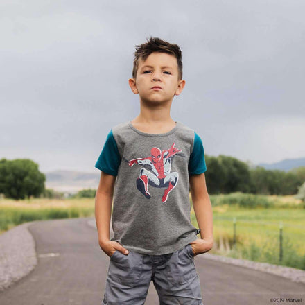 Boy Wearing Charcoal Spider-Man T-Shirt