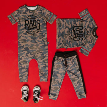 Retro Short Sleeve Rag Romper - 'RAGS Lightning Fast' - Camo