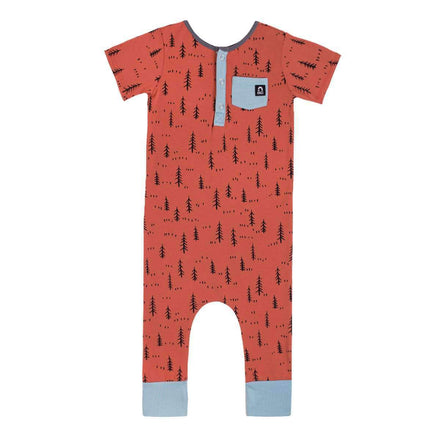 Short Sleeve Henley Rag - 'Little Forest Print' - Rust