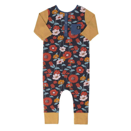 3/4 Sleeve Henley Rag - 'Fall Poppy Floral' - Ensign Blue