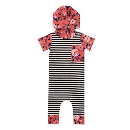 Short Sleeve Hooded Big Pocket Rag - 'Coral Floral' - Black & White Stripe
