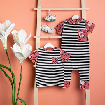 Short Sleeve Chest Pocket Tee - 'Coral Floral' - Black & White Stripe