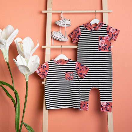 Short Sleeve Chest Pocket Tee - 'Coral Floral' - Black & White Stripe