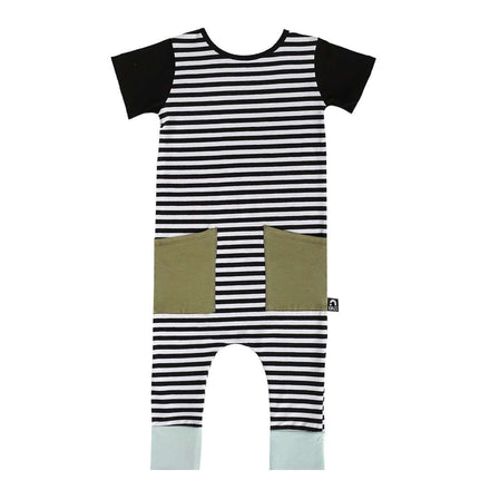 Short Sleeve Hip Pocket Rag - 'Black & White Stripe' - Green Pocket