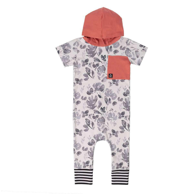 Short Sleeve Hooded Big Pocket Rag - 'Watercolor Floral' - Black & White